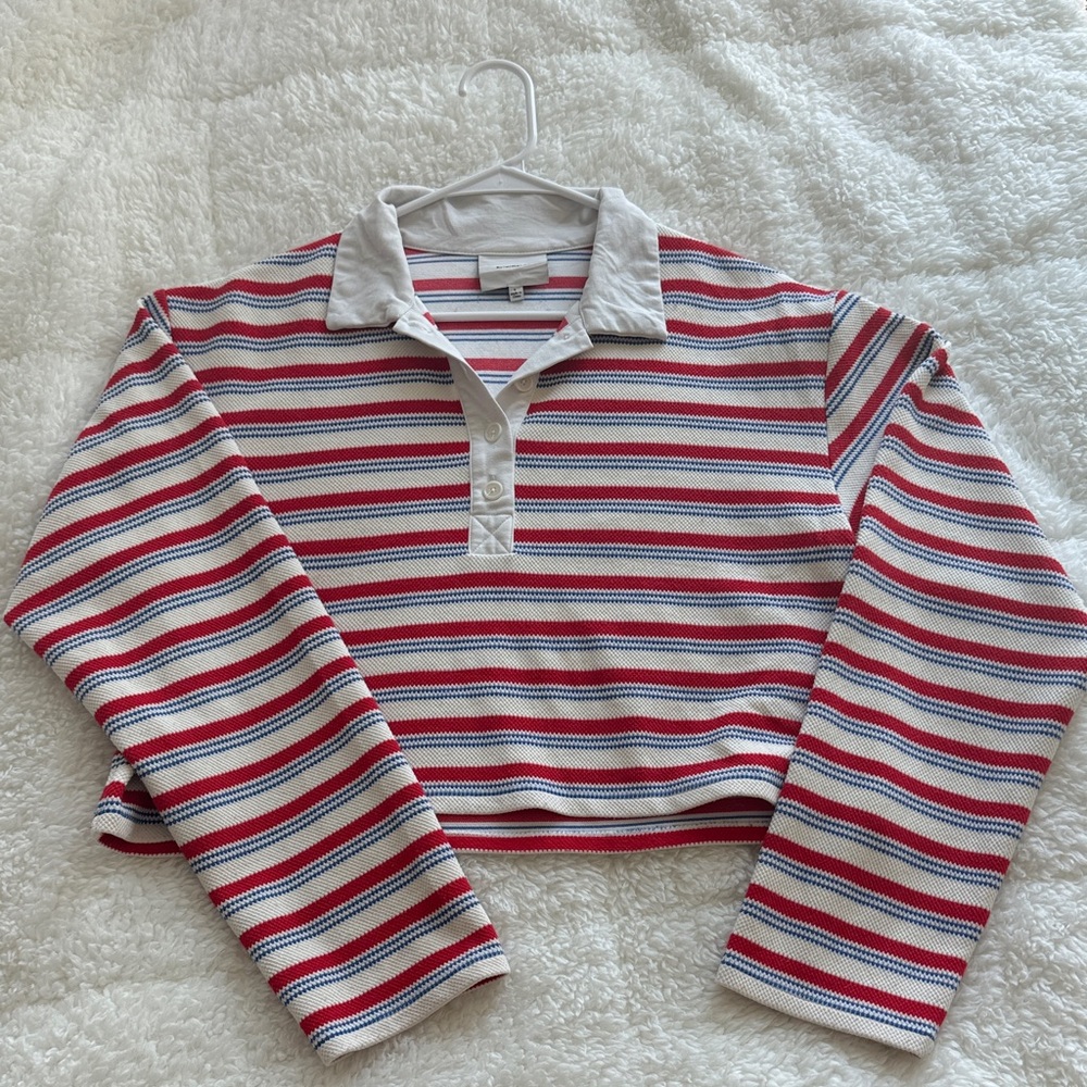 Reformation Red, White & Blue Striped Cropped Polo Sweatshirt